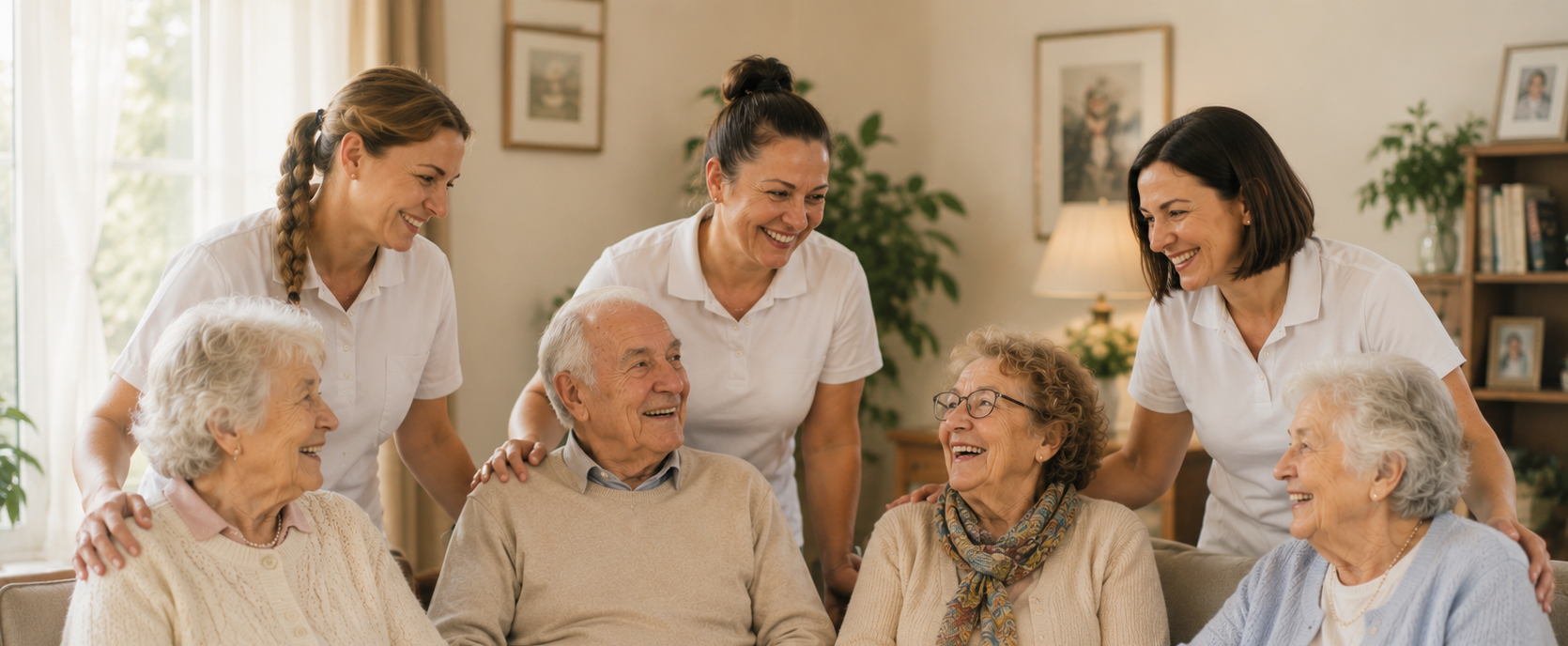 Freundliche Betreuungssituation mit mehreren Pflegekräften und Senior*innen im Wohnzimmer eines Pflege- oder Betreuungsumfelds mit herzlicher Atmosphäre