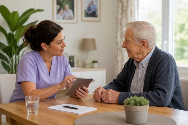 Freundliche Pflegekraft erklärt Senior Inhalte auf einem Tablet im häuslichen Umfeld.