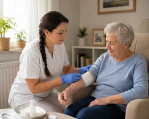 Ältere Frau sitzt in einem Sessel, während eine Pflegekraft in weißer Arbeitskleidung und blauen Handschuhen einen Verband am Arm der Seniorin befestigt