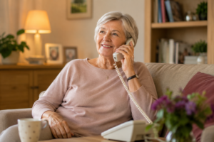 Seniorin sitzt lächelnd auf dem Sofa und führt ein Telefongespräch im häuslichen Umfeld