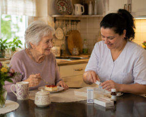 Seniorin sitzt gemeinsam mit einer Betreuungskraft in der Küche und isst Kuchen, während Medikamente vorbereitet werden
