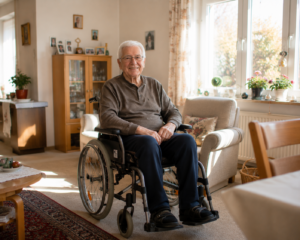 Älterer Mann sitzt lächelnd in einem Rollstuhl in einem wohnlich eingerichteten Wohnzimmer und blickt in die Kamera