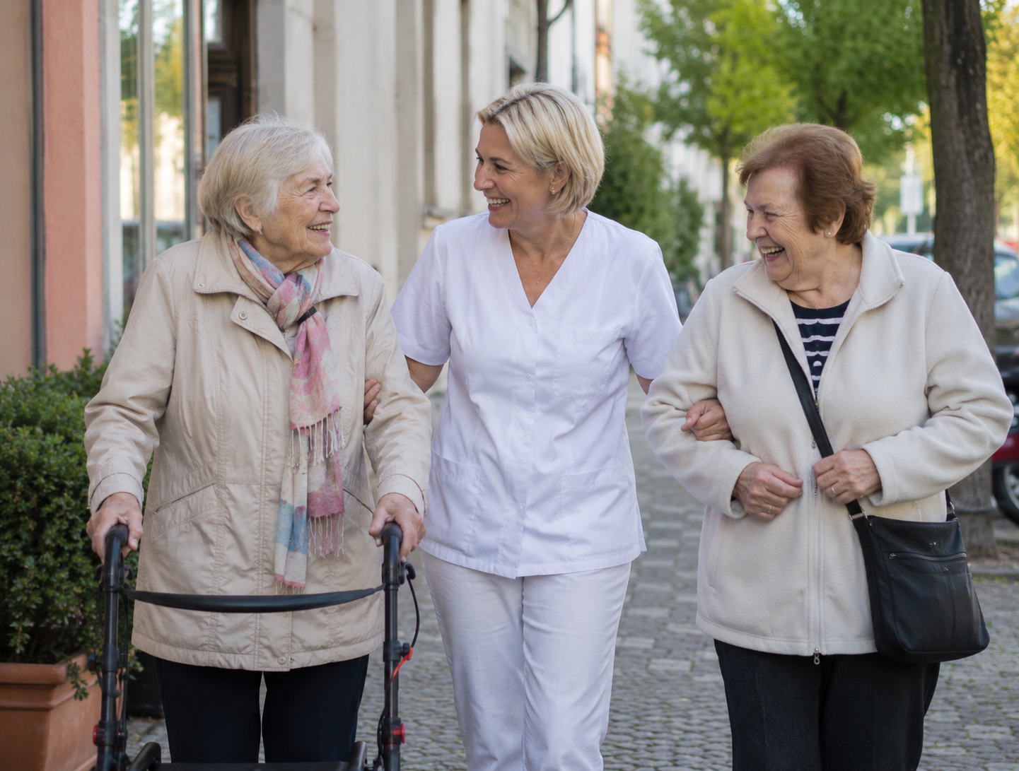 Pflegekraft begleitet zwei Seniorinnen bei einem gemeinsamen Spaziergang im Freien