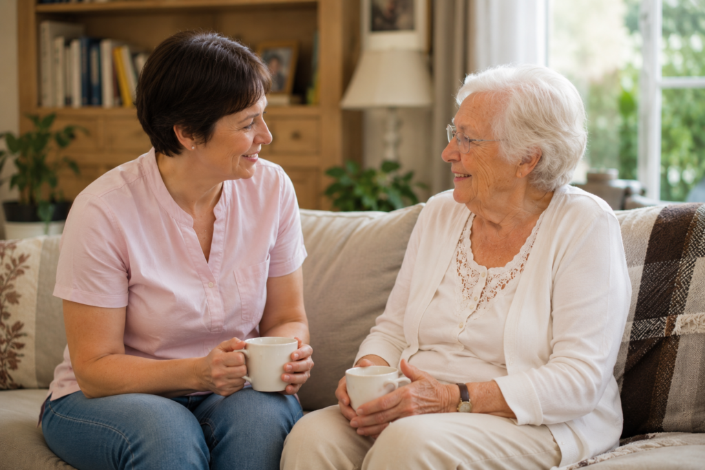 Freundliche Pflegekraft und Seniorin sitzen nebeneinander und trinken gemeinsam Kaffee im Wohnzimmer