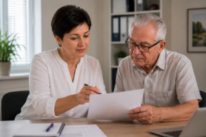 Senior bespricht Dokumente gemeinsam mit einer Betreuungsperson am Tisch.