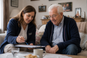 Freundlicher Senior bespricht Dokumente gemeinsam mit einer Betreuungsperson im Wohnzimmer.
