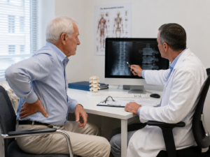 Medizinische Beratung zwischen Arzt und Senior mit Analyse einer Wirbelsäulen-Röntgenaufnahme am Bildschirm