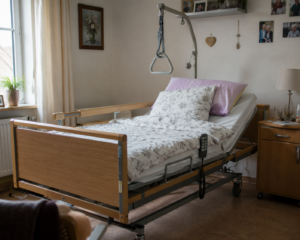 Pflegebett in einem häuslichen Pflegezimmer mit Bettgalgen, Seitengittern, gemusterter Bettwäsche und höhenverstellbarer Liegefläche neben einem Nachttisch
