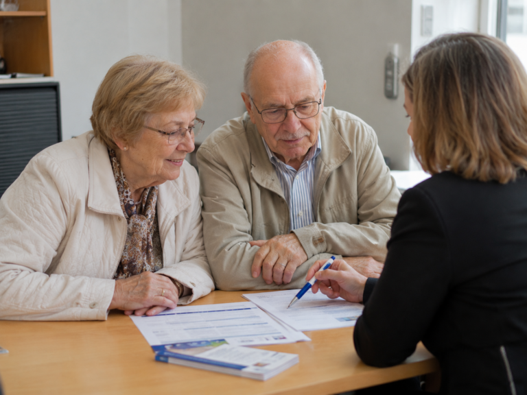 Seniorenpaar bespricht Unterlagen gemeinsam mit Beraterin oder Pflegekraft, dargestellt in einer vertrauensvollen Gesprächssituation