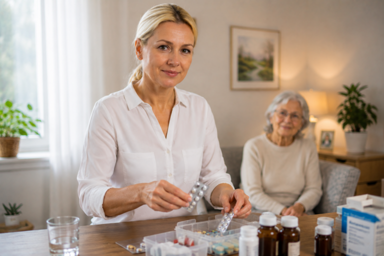Betreuungskraft sortiert Tabletten und Medikamente für ältere Frau zuhause.