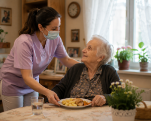 Pflegekraft mit Mundschutz serviert einer älteren Frau eine Mahlzeit am Tisch im häuslichen Umfeld, während beide sich freundlich ansehen und miteinander sprechen