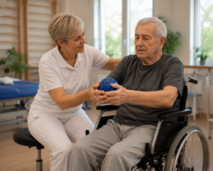 Pflegekraft unterstützt älteren Mann im Rollstuhl bei einer Bewegungs- oder Rehabilitationsübung mit einem blauen Therapieball
