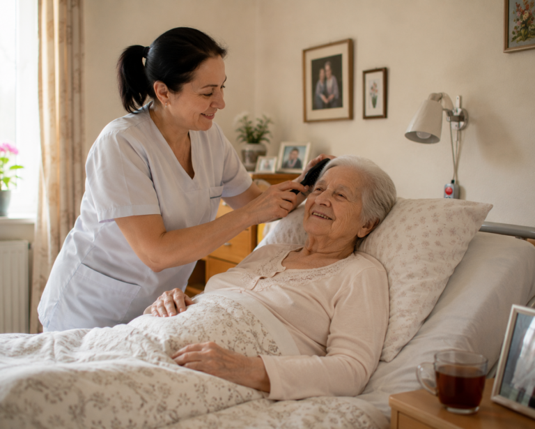 Freundliche Pflegekraft kämmt einer Seniorin im Bett die Haare
