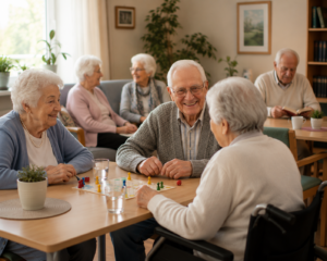 Mehrere Seniorinnen und Senioren sitzen gemeinsam an einem Tisch in einem Gemeinschaftsraum und spielen ein Brettspiel, während weitere ältere Menschen sich im Hintergrund unterhalten und lesen