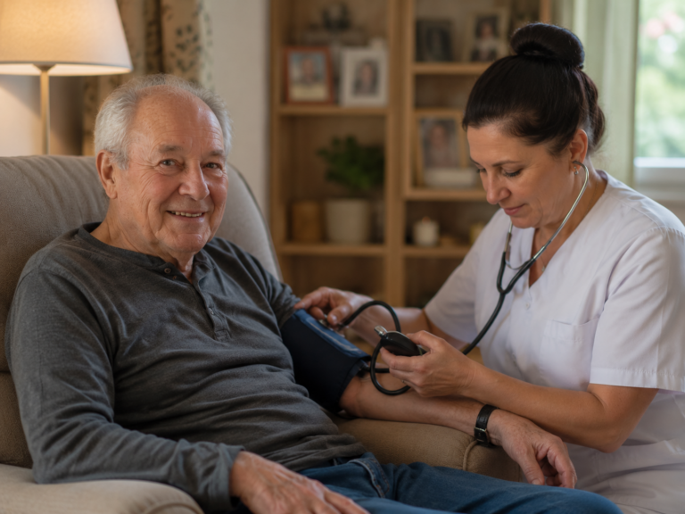 Freundliche Betreuungskraft führt bei einem Senior eine Blutdruckmessung im Wohnzimmer durch