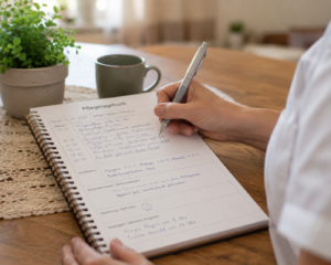 Nahaufnahme eines Pflegetagebuchs auf einem Holztisch, während eine Person handschriftliche Einträge zu Pflegezeiten, Medikamentengabe und täglichen Beobachtungen dokumentiert
