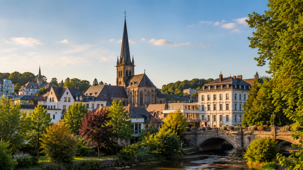 Panorama von Bergisch Gladbach mit markanter Kirchenarchitektur, historischen Gebäuden, Steinbrücke und üppiger Vegetation entlang des Flussufers bei sonnigem Wetter