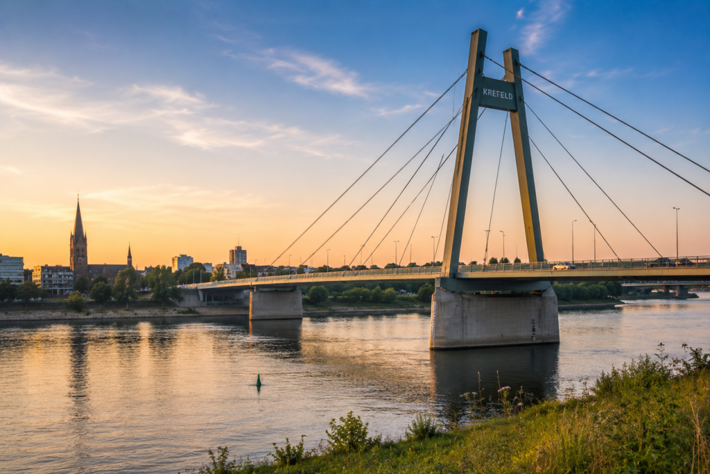 Panoramaaufnahme der Rheinbrücke in Krefeld bei Sonnenuntergang mit Blick auf den Rhein, die markante Schrägseilbrücke und die Stadtsilhouette im Hintergrund.