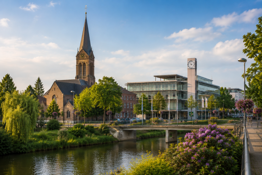 Stadtansicht Langenfeld mit historischer Kirche, moderner Glasarchitektur und Flussuferpromenade bei sonnigem Wetter und blauem Himmel