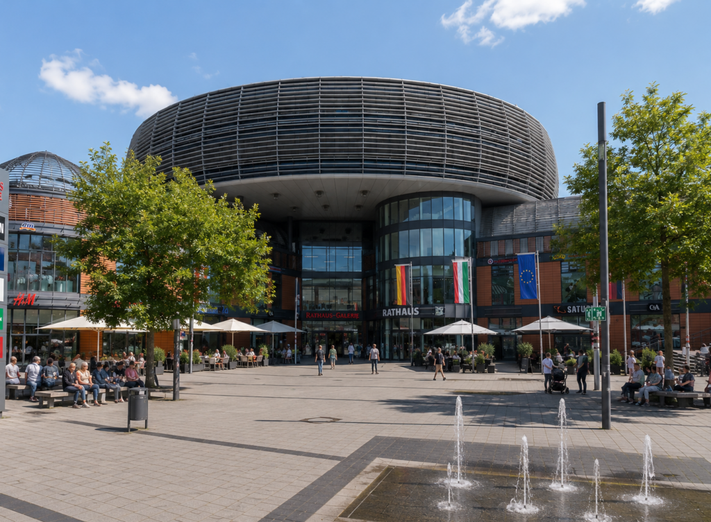 Moderne Einkaufs- und Rathausgalerie in Leverkusen mit markanter ovaler Architektur, Außengastronomie, Springbrunnen und belebtem Platz bei sonnigem Wetter