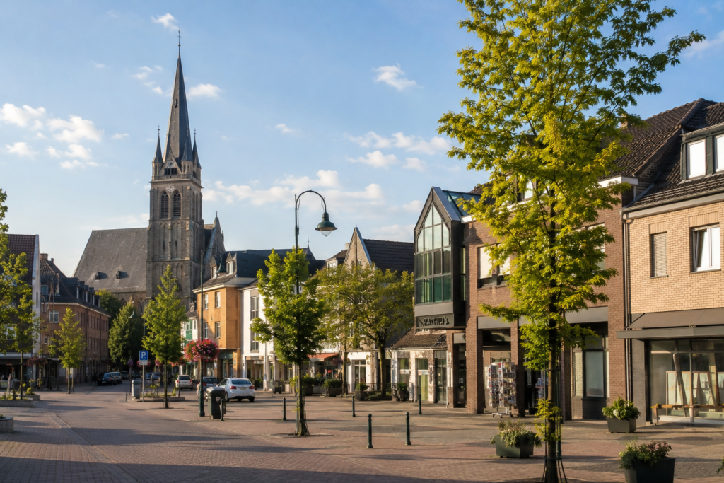 Stadtansicht von Pulheim mit moderner Innenstadt, breiter Fußgängerzone, begrünten Straßenbereichen und markanter Kirche im Hintergrund bei sonnigem Wetter