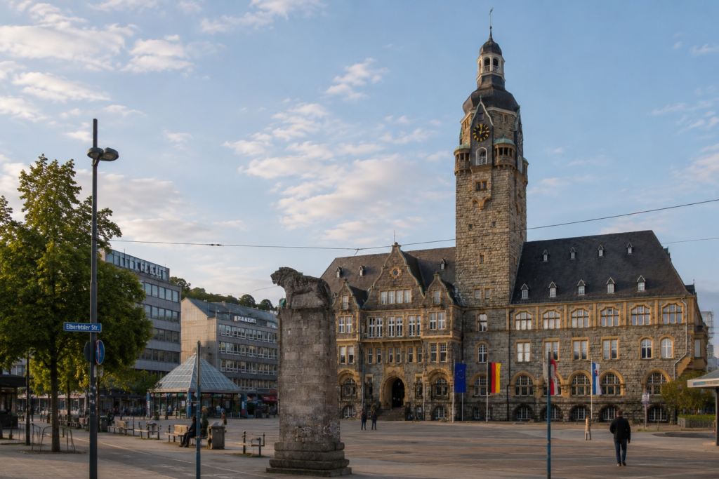 Stadtansicht des Remscheider Rathauses mit steinernem Uhrturm, historischen Fassaden, urbanem Platz und moderner Bebauung im Hintergrund bei sonnigem Wetter