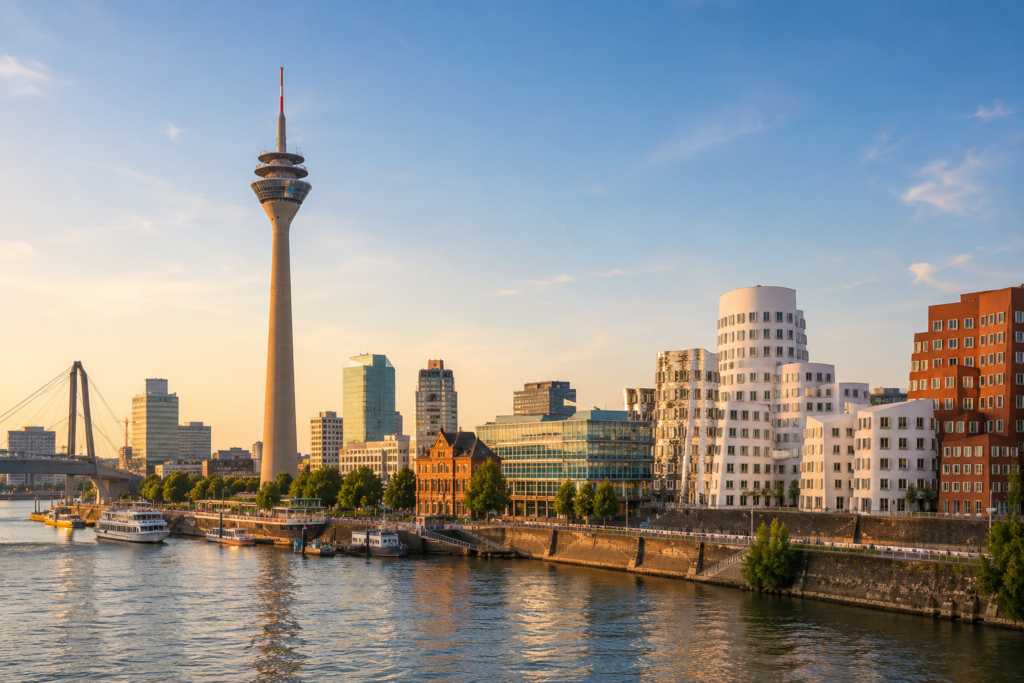 Blick auf die Düsseldorfer Skyline mit Rheinturm, modernen Bürogebäuden, Rheinuferpromenade und Schiffen auf dem Rhein bei sonnigem Wetter