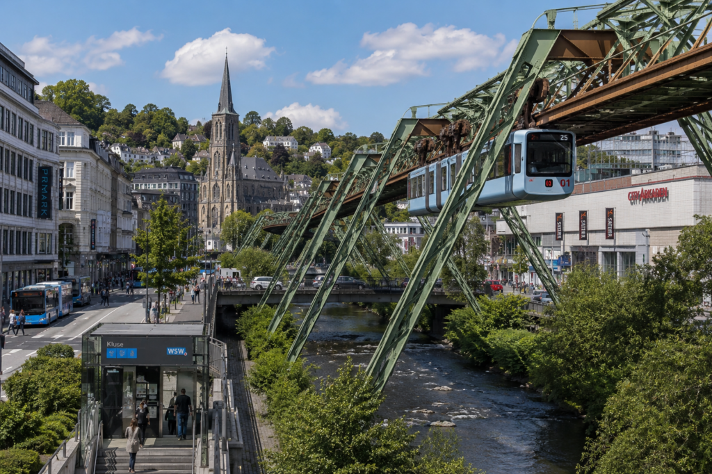 Panorama der Wuppertaler Schwebebahn mit Stahlkonstruktion über dem Fluss, belebter Innenstadt, moderner Architektur und Blick auf die markante Kirche im Hintergrund