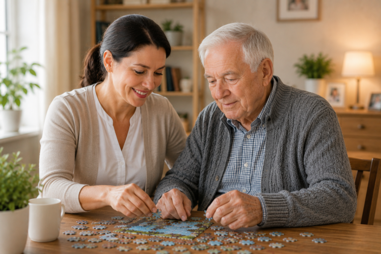 Senior und Betreuungsperson lösen gemeinsam ein Puzzle am Tisch