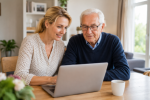 Angehörige unterstützt Senior bei der Nutzung eines Laptops zuhause