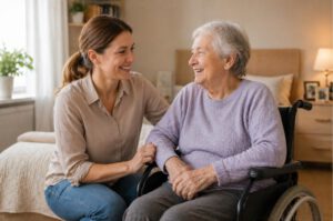 Freundliche Betreuungssituation zwischen Pflegekraft und Seniorin im Rollstuhl