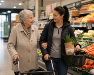 Seniorin und Betreuungsperson kaufen gemeinsam Lebensmittel im Supermarkt ein