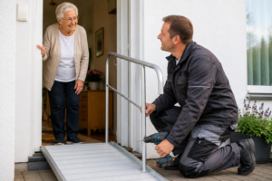 Handwerker kniet vor dem Hauseingang einer älteren Frau und hält eine Bohrmaschine in der Hand, während beide sich freundlich unterhalten und eine Rampe am Eingang montiert ist